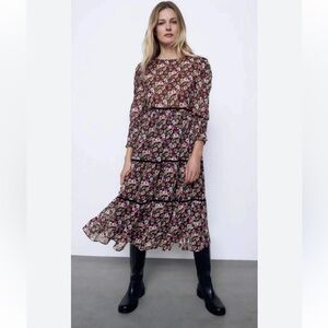 Zara cocktail dress, size S, with lined skirt, black floral.